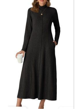 NEW Black Long Sleeve Mock Neck Pullover Pockets Midi Dress L